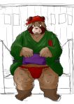  2009 anthro asian_clothing balls bodily_fluids brown_body brown_fur canid canine clothing drill_(artist) east_asian_clothing eyewear fundoshi fur genitals glasses humanoid_hands japanese_clothing male mammal overweight overweight_male raccoon_dog robe solo sweat tanuki underwear 