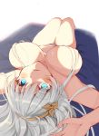  1girl anastasia_(fate/grand_order) bangs blue_eyes blush breasts eyebrows_visible_through_hair fate/grand_order fate_(series) hair_between_eyes highres large_breasts long_hair looking_at_viewer matcha7611 navel open_mouth ribbon simple_background smile solo white_background white_hair 