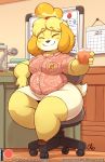  2020 animal_crossing anthro beverage blonde_hair blush blush_stickers calendar canid canine canis chair clothed clothing digital_media_(artwork) domestic_dog eyes_closed female furniture hair hi_res holding_cup holding_object inside isabelle_(animal_crossing) mammal microphone nekocrispy nintendo office office_chair overweight overweight_female patreon shih_tzu sitting smile solo text tiny_feet toy_dog url video_games 