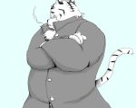  2009 5:4 anthro belly black_body black_fur clothing felid fur humanoid_hands male mammal overweight overweight_male pantherine shirt simple_background smoking solo tiger topwear white_body white_fur yaoyasohachi 