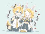  &gt;_&lt; 1boy 1girl animal_ears arm_warmers bangs bare_shoulders black_collar black_shorts black_sleeves blonde_hair blue_eyes bow bunny_ears bunny_tail claw_pose collar commentary crop_top crossed_legs detached_sleeves fox_ears fox_tail hair_bow hands_together heart indian_style kagamine_len kagamine_rin knees_up leg_warmers looking_at_viewer necktie open_mouth sailor_collar school_uniform shirt short_hair short_ponytail short_shorts short_sleeves shorts shoulder_tattoo sitting sleeveless sleeveless_shirt smile spiked_hair squee suzumi_(fallxalice) swept_bangs tail tattoo translated vocaloid white_footwear white_shirt yellow_neckwear 