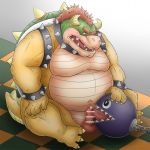  1:1 2016 anthro balls belly bowser chain_chomp duo erection genitals humanoid_hands koopa licking male mario_bros moobs mumimushu5 navel nintendo oral overweight overweight_male penile penis penis_lick scalie sex sitting tongue tongue_out video_games 