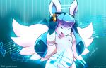  absurd_res breasts busty_feral cute_fangs eeveelution eyes_closed featureless_breasts female feral glaceon headphones hi_res musical_note navel nintendo open_mouth pok&eacute;mon pok&eacute;mon_(species) solo thelegendcreator video_games wings 