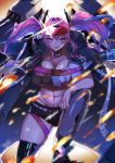  1girl :q arm_on_knee ass_visible_through_thighs azur_lane bangs belt bikini bikini_under_clothes black_choker black_footwear black_shorts blue_jacket blue_legwear blurry_foreground blush bracelet breasts bremerton_(azur_lane) brown_background choker chromatic_aberration cleavage collarbone commentary_request cowboy_shot crop_top crop_top_overhang cutoffs ear_piercing eyebrows_visible_through_hair eyewear_on_head glint gradient gradient_background grey_belt grey_hair groin hair_between_eyes hair_intakes hair_ornament highleg highleg_bikini highres holding holding_eyewear hood hood_down hooded_jacket jacket jewelry large_breasts leg_up lifebuoy long_hair long_sleeves looking_at_viewer machinery midriff mole mole_on_breast mole_under_eye multicolored_hair navel navel_piercing number open_clothes open_jacket piercing pink_bikini pink_eyes pink_hair red-tinted_eyewear rigging rudder_footwear shirt short_shorts shorts sidelocks skindentation smile snap-fit_buckle solo standing streaked_hair sunglasses swimsuit t_bone_(06tbone) thigh_strap thighhighs tongue tongue_out turret twintails two-tone_hair two-tone_legwear two-tone_shirt underboob wristband 