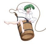  1girl :d barefoot bucket fang full_body green_eyes green_hair hair_bobbles hair_ornament japanese_clothes kimono kisume legs long_sleeves looking_at_viewer ootsuki_wataru open_mouth rope short_hair smile solo touhou transparent_background twintails white_kimono 