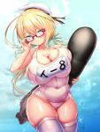 1girl ahoge blonde_hair blue_eyes breasts cleavage commentary_request covered_navel cowboy_shot curvy doyouwantto glasses hair_ribbon hat huge_breasts i-8_(kantai_collection) impossible_clothes impossible_swimsuit kantai_collection kneehighs long_hair looking_at_viewer low_twintails military_hat name_tag one-piece_swimsuit peaked_cap plump red-framed_eyewear ribbon sailor_hat school_swimsuit school_uniform semi-rimless_eyewear skindentation solo swimsuit thick_thighs thighhighs thighs torpedo twintails under-rim_eyewear white_legwear white_swimsuit 