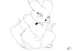  absurd_res anthro armwear black_nose breasts clothing digimon digimon_(species) female fur fur_tuft hi_res holding_breast monochrome mouth_hold neck_tuft renamon signature simple_background solo tuft voicedbarley white_background white_body 
