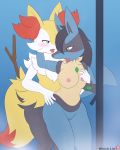  4:5 absurd_res anthro anthro_on_anthro areola blue_body blue_ears blue_tail blush braixen breasts female fur green_eyes hair hand_on_hip hi_res looking_at_another lucario multicolored_body multicolored_fur nintendo nipples nude open_mouth pok&eacute;mon pok&eacute;mon_(species) red_body red_fur red_tail tongue tongue_out two_tone_tail video_games white_body white_fur winick-lim yellow_body yellow_fur yellow_tail 