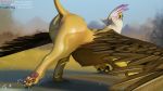  16:9 4_toes ambiguous_gender avian beak butt butt_focus conditional_dnp digital_media_(artwork) eyes_closed feathered_wings feathers feral friendship_is_magic gilda_(mlp) gryphon hi_res mercurial64 my_little_pony mythological_avian mythology outside paws rear_view sfw_edit solo spread_wings text toes url water widescreen wings 