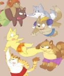  2009 anthro belly black_nose blush bottomwear brown_body brown_fur canid canine canis clothing domestic_dog eyes_closed felid fur ginnosuke group hi_res humanoid_hands kemono lion male mammal pantherine raccoon_dog shorts simple_background slightly_chubby tanuki tiger ursid 