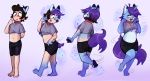  2020 anthro barefoot big_tail black_hair blue_body blue_fur breast_growth breasts clothing collar domestic_cat eyewear felid feline felis female flat_chested fur glasses hair happy hi_res horn horn_growth human human_to_anthro mammal pawberry purple_hair sequence shirt smile solo sparkles species_transformation standing tail_growth tammy_(tammycat) topwear transformation weight_gain 