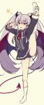  1girl :p absurdres arm_up ass_visible_through_thighs bangs black_panties black_skirt blush demon_horns demon_tail demon_wings eyebrows_visible_through_hair grey_hair grim_aloe hair_between_eyes highres honami_(yths4221) horns leg_up long_hair long_sleeves looking_at_viewer low_wings necktie no_shoes panties pleated_skirt quiz_magic_academy red_eyes red_neckwear sidelocks simple_background skirt socks solo standing standing_on_one_leg star tail tongue tongue_out twintails underwear v_over_eye very_long_hair white_legwear wings 