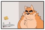  body_hair border canid canine canis chest_hair domestic_dog fur male mammal multicolored_body multicolored_fur note orange_body orange_fur otake solo takemoto_arashi tan_body tan_fur two_tone_body two_tone_fur unamused white_border 