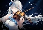  1girl anastasia_(fate/grand_order) bare_shoulders blue_eyes blue_flower breasts dress earrings eyebrows_visible_through_hair fate/grand_order fate_(series) flower hair_over_one_eye hairband hirai_yuzuki instrument jewelry long_hair petals silver_hair solo violin white_dress 