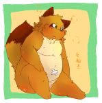  2010 anthro balls belly blush brown_body brown_fur canid canine fur genitals japanese_text kemono male mammal moobs nipples overweight overweight_male penis raccoon_dog sitting solo tanuki text torisanshou young 