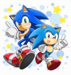  2017 anthro big_eyes big_head black_eyes blue_body blue_fur classic_sonic classic_sonic_(universe) clothing conjoined_eyes duo eulipotyphlan footwear fur gesture gloves green_eyes grin handwear hedgehog male mammal nell_two open_mouth open_smile shoes smile sonic_the_hedgehog sonic_the_hedgehog_(series) square_crossover toony video_games 