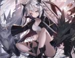  1girl animal_ears arknights bangs bare_arms black_jacket black_nails breasts cleavage commentary crop_top feet_out_of_frame fingerless_gloves gloves grey_eyes grey_gloves grin hair_ornament hairclip high_collar highres jacket kinako12547 lappland_(arknights) large_breasts long_hair long_sleeves looking_at_viewer midriff nail_polish open_clothes open_jacket ore_lesion_(arknights) originium_arts_(arknights) scar scar_across_eye silver_hair sitting smile solo thighs wide_sleeves wolf_ears 