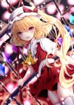  1girl :d ascot bangs blonde_hair blurry blurry_background bow collared_shirt crystal depth_of_field dutch_angle eyebrows_visible_through_hair flandre_scarlet frilled_shirt_collar frills hair_between_eyes hat hat_bow holding laevatein long_hair mob_cap nanase_nao one_side_up open_mouth pleated_skirt puffy_short_sleeves puffy_sleeves purple_eyes red_bow red_skirt red_vest shirt short_sleeves skirt skirt_set smile solo thighhighs touhou very_long_hair vest white_headwear white_legwear white_shirt wings yellow_neckwear 