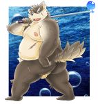  2018 anthro balls belly butt canid canine canis domestic_dog genitals hi_res humanoid_hands male mammal melee_weapon moobs moritaka mumimushu5 nipples overweight overweight_male scar solo sword tokyo_afterschool_summoners tongue video_games weapon 