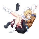  1girl black_footwear blonde_hair closed_mouth full_body looking_at_viewer mizuhashi_parsee ootsuki_wataru pointy_ears shoes shoes_removed short_hair socks solo touhou transparent_background 