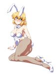  1girl animal_ears bangs bare_shoulders blonde_hair blush bow bowtie breasts bunny_ears bunny_tail bunnysuit cleavage closed_mouth detached_collar fishnet_legwear fishnets full_body green_eyes medium_breasts mizuhashi_parsee ootsuki_wataru pantyhose pointy_ears short_hair simple_background solo tail touhou white_background white_neckwear 