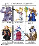  abs anthro armor bathym canid canine canis domestic_dog fate_(series) felid female fur gesture group gun harukaze110 hi_res horn human leopard male mammal muscular muscular_male one_eye_closed ose_(tas) pantherine patxi pecs purple_body purple_fur ranged_weapon six_fanarts_challenge tokyo_afterschool_summoners unconvincing_armor v_sign video_games weapon wink wolf 