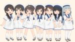  6+girls aoshima_sakana bandaid bandaid_on_face bangs black_eyes black_hair blue_sailor_collar blush brown_eyes brown_hair closed_eyes closed_mouth cosplay crossed_arms crying crying_with_eyes_open dirty_clothes dress eyebrows_visible_through_hair fubuki_(kantai_collection) full_body green_eyes hair_ribbon hands_on_headwear hat hatsuyuki_(kantai_collection) hiburi_(kantai_collection) hiburi_(kantai_collection)_(cosplay) isonami_(kantai_collection) kantai_collection kneehighs leaf leaf_on_head looking_at_viewer low_ponytail miyuki_(kantai_collection) multiple_girls murakumo_(kantai_collection) open_mouth ribbon sailor_collar sailor_dress sailor_hat shikinami_(kantai_collection) shirayuki_(kantai_collection) shoes short_hair short_sleeves silver_hair simple_background smile socks tears tress_ribbon uranami_(kantai_collection) white_dress white_headwear white_legwear younger 