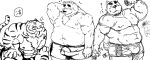  2009 anthro belly blush bottomwear bulge canid canine canis clothing domestic_dog felid group ho_(artist) humanoid_hands kemono male mammal monochrome moobs musclegut nipples overweight overweight_male pantherine shorts simple_background text tiger ursid white_background 