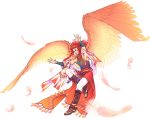  1boy braid falling_feathers feathered_wings feathers flying harukanaru_toki_no_naka_de harukanaru_toki_no_naka_de_4 headband kiske long_hair male_focus multiple_braids outstretched_arms red_feathers red_hair sazaki shawl solo wings 