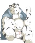  2009 anthro balls_outline belly black_body black_fur black_nose bulge clothed clothing felid fur genital_outline kemono male mammal navel open_shirt overweight overweight_male pantherine shirt simple_background solo tiger topwear unknown_artist white_background white_body white_fur 