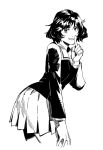  1girl character_request contrapposto cowboy_shot finger_to_mouth from_side girls_und_panzer greyscale hand_up highres index_finger_raised jacket long_sleeves looking_at_viewer monochrome parted_lips ruukii_drift short_hair shushing simple_background smile solo standing white_background 