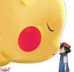  1boy 2019 ^_^ baseball_cap black_hair closed_eyes facing_another gen_1_pokemon gigantamax gigantamax_pikachu hat highres male_focus milariro pikachu pokemon_swsh_(anime) satoshi_(pokemon) signature simple_background white_background 