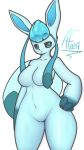  9:16 alwaysfaceleft anthro breasts eeveelution female glaceon hand_on_hip hi_res looking_at_viewer nintendo pok&eacute;mon pok&eacute;mon_(species) simple_background solo video_games white_background 