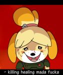  animal_crossing anthro blood bodily_fluids canid canine canis clothed clothing cosplay domestic_dog doom_(series) doom_guy english_text female fur hair hi_res id_software isabelle_(animal_crossing) mammal nintendo open_mouth shih_tzu simple_background smile solo text toy_dog video_games vulgar yellow_body yellow_fur 