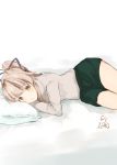  1girl absurdres alternate_costume casual cowboy_shot green_shorts grey_sweater hair_flaps highres kantai_collection light_brown_hair long_hair looking_at_viewer lying on_side pillow ponytail shanghmely shorts simple_background solo sweater very_long_hair white_background yellow_eyes yura_(kantai_collection) 