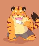  2009 anthro belly blush bottomwear clothing cute_fangs eyes_closed felid food ginnosuke kemono male mammal navel pantherine popsicle shorts simple_background slightly_chubby solo tiger 