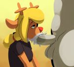  anthro antlers balls blonde_hair bodily_fluids clothed clothed/nude clothing cum cum_in_mouth cum_inside deltarune duo fellatio female female_focus genital_fluids genitals hair horn komdog male male/female mammal noelle_holiday nude oral penile penis sex solo_focus video_games 