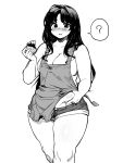  1girl ? apron bangs bare_shoulders belly_grab blush breasts cleavage collarbone cowboy_shot cupcake eyebrows_visible_through_hair food fukumaaya greyscale hair_over_breasts hair_over_shoulder highres holding holding_food long_hair looking_at_viewer monochrome open_mouth parted_bangs parted_hair plump short_shorts shorts solo speech_bubble standing tareme thick_thighs thighs very_long_hair weight_conscious white_background 