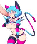  1girl animal_ears blue_eyes blue_hair breasts closed_mouth elbow_gloves eyebrows_visible_through_hair gloves hair_between_eyes heterochromia highres imminent_fellatio large_breasts nipple_piercing nipples original penis piercing red_eyes short_hair short_shorts shorts simple_background slugbox smile solo_focus striped striped_gloves striped_legwear striped_shorts striped_tail tail thighhighs uncensored vomi_agogo wavy_mouth white_background 