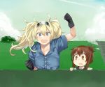  2girls absurdres aima_imoko0327 black_gloves black_sailor_collar blonde_hair blue_eyes blue_shirt blue_sky breast_pocket breasts brown_eyes brown_hair cloud collared_shirt commentary_request day fence folded_ponytail gambier_bay_(kantai_collection) gloves hairband highres inazuma_(kantai_collection) kantai_collection large_breasts long_hair looking_at_viewer multiple_girls open_mouth outdoors pocket round_teeth sailor_collar school_uniform serafuku shirt sky smile stairs teeth twintails upper_body upper_teeth 