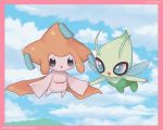 :d blue_eyes blue_sky blush border celebi clarevoir cloud cloudy_sky commentary day english_commentary floating flying gen_2_pokemon gen_3_pokemon happy jirachi mythical_pokemon open_mouth outdoors pink_border pokemon signature sky smile 