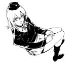  1girl beret boots character_request closed_mouth collared_shirt from_above from_side girls_und_panzer greyscale hat invisible_chair jacket looking_at_viewer medium_hair military military_uniform monochrome pleated_skirt ruukii_drift shirt sitting skirt solo uniform wing_collar 