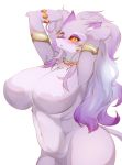  2020 absurd_res anthro belladonna_(trials_of_mana) big_breasts blush breasts curvy_figure featureless_breasts felid female fur ginko0101 hair hi_res huge_breasts light_fur looking_at_viewer mammal navel open_mouth purple_body purple_ears purple_fur simple_background solo thick_thighs trials_of_mana voluptuous white_background wide_hips 