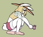  anthro arthropod bottomwear bra butterfly carrot_(one_piece) clothing costume female hat headgear headwear hi_res insect lagomorph legwear lepidopteran leporid mammal one_piece rabbit red_clover_(artist) shorts simple_background sitting socks solo sports_bra straw_hat tattoo underwear 