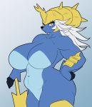  absurd_res anthro anthrofied armor big_breasts breasts eyelashes featureless_breasts female flat_colors gradient_background hair hand_on_hip headgear helmet hi_res huge_breasts lunis1992 melee_weapon muscular muscular_female nintendo pok&eacute;mon pok&eacute;mon_(species) samurott simple_background slightly_chubby solo sword video_games weapon white_hair wide_hips yellow_eyes 