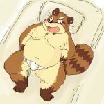  1:1 2009 anthro blush brown_body brown_fur canid canine clothing fur ginnosuke low_res lying male mammal moobs nipples overweight overweight_male pillow raccoon_dog solo tanuki underwear 