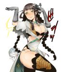  1girl black_legwear braid breasts brown_hair character_request cleavage commentary_request dress gloves granblue_fantasy green_eyes grey_gloves highres large_breasts long_hair oi_shibako pose shura_(granblue_fantasy) skindentation thick_thighs thighhighs thighs translation_request twin_braids very_long_hair white_dress 