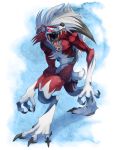  3:4 ambiguous_gender anthro astrozerk black_claws black_nose black_pawpads blue_background cheek_tuft chest_tuft claws digitigrade ear_tuft facial_tuft fangs finger_claws fur lycanroc midnight_lycanroc nintendo open_mouth pawpads pok&eacute;mon pok&eacute;mon_(species) red_body red_eyes red_fur scut_tail shaded sharp_claws sharp_teeth signature simple_background solo teeth toe_claws tongue tuft video_games white_background white_body white_fur 