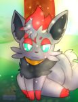  ambiguous_gender big_tail black_body black_fur canid canine fan_character female fluffy fox fur green_eyes grey_body grey_fur hi_res mammal nintendo paws pok&eacute;mon pok&eacute;mon_(species) red_body red_fur scarf solo tree video_games wes_(zoruabydefault) zorua zoruabydefault 