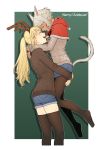  2girls animal_ears bamboo9545 blonde_hair blush cardigan cat_ears cat_tail christmas closed_eyes dark_skin fake_antlers final_fantasy final_fantasy_xiv highres long_hair long_sleeves lyse_hext miqo&#039;te multiple_girls pantyhose ponytail short_hair short_shorts shorts silver_hair smile tail thighhighs y&#039;shtola_rhul yuri zettai_ryouiki 